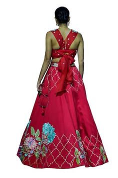 Red attached cancan lehenga with placement floral, quatrefoil embroidery. Paired with a cutwork, padded blouse with floral vine embroidery. - Aza Fashions Sweetheart Neck, Flowering Vines, Floral Vine, Cut Work, Floral Embroidery, Aza Fashion, Lehenga, Vines, Blouses For Women