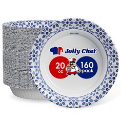 a white and blue paper plate with the words jolly chef on it, next to two stacks of plates