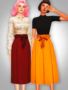 two women wearing different colored skirts, one with pink hair and the other with red hair