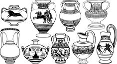 black and white drawing of vases with horses on them stock photo, royalty illustration