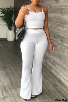 Olivia Mark - Classic Womens White Solid Patchwork Spaghetti Strap Sleeveless Two-Piece Ensemble Flare Leg Pants Outfit, Leg Pants Outfit, Sleeveless Suit, Two Piece Pants Set, Spaghetti Strap Tank Top, U Neck, Suit Fashion, Mode Style, White Casual