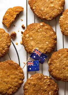 anzac cookies on a cooling rack with australia flag pin