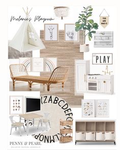 a collage of furniture and decor in neutral colors