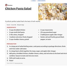 the chicken pasta salad recipe is shown in this screenshot from an internet site that shows how to make it