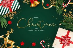 merry christmas and happy new year greeting card with gift boxes, presents, fir tree branches and snowflakes on dark blue background