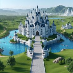 an artist's rendering of a castle in the middle of a green field with water