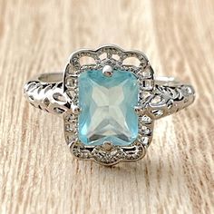 Radiant Cut Aquamarine Art Deco Filigree Ring. 925 Sterling Silver. Silver Aquamarine Fine Jewelry, Elegant Silver Aquamarine Rings, Elegant Blue Crystal Ring Gift, Classic Aquamarine Ring As A Gift, Classic Aquamarine Ring For Gift, Elegant Silver Aquamarine Jewelry, Classic Light Blue Ring In Sterling Silver, Hallmarked Silver Jewelry With Blue Topaz, Sapphire Filigree Ring In Sterling Silver As A Gift