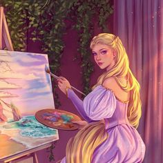 a painting of a girl with long blonde hair is holding a paintbrush and looking at an easel