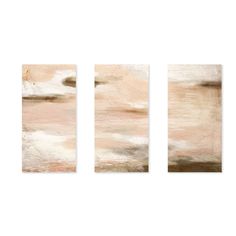 three abstract paintings on a white wall one is pink and the other is beige with gold