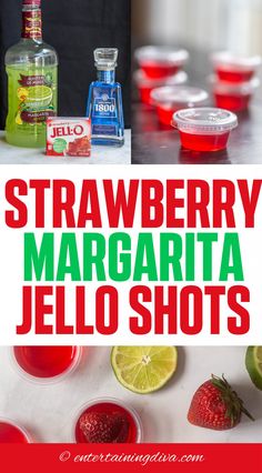 strawberry margarita jello shots with limes and strawberries