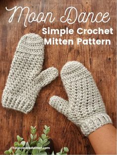 a pair of knitted mittens sitting on top of a wooden table next to a plant