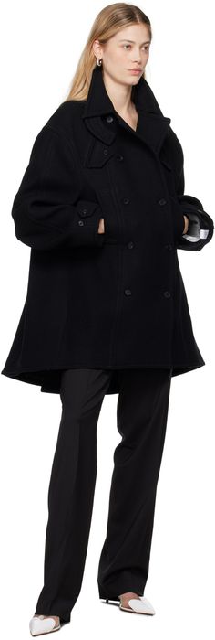 Stretch wool melton peacoat. · Button tab at spread collar · Double-breasted button closure · Flap and welt pockets · Adjustable button tab at cuffs · Logo patch at cuff · Inverted box pleat at back · Welt pockets at interior · Full viscose-blend satin lining Supplier color: Dark navy Tailored Double-breasted Pea Coat With Button Cuffs, Wool Pea Coat With Button Cuffs For Winter, Winter Wool Pea Coat With Button Cuffs, Business Wool Pea Coat With Button Closure, Tailored Winter Pea Coat With Button Cuffs, Wool Pea Coat With Button Closure For Business, Winter Pea Coat With Button Cuffs And Collar, Fall Wool Pea Coat With Button Cuffs, Business Wool Pea Coat With Buttons