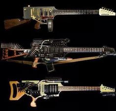 four guitars are shown in different positions on a black background