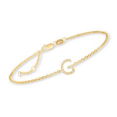 Ross-Simons - G - Diamond-Accented Initial Bracelet in 18kt Yellow Gold Over Sterling. 7". Make every day a little more personal with this darling initial bracelet! A single capital "G" shines in diamond accents. Simply set in polished 18kt yellow gold over sterling silver on a chic cable chain that includes a 1" extender. Lobster clasp, diamond-accented initial bracelet. Diamond birthstones are the perfect gift for April birthdays. Personalized Dainty Yellow Gold Diamond Bracelet, Personalized 14k Yellow Gold Diamond Bracelet, Personalized Yellow Gold Diamond Bracelet For Everyday, Classic 14k Gold Bracelets With Initials, Personalized Yellow Gold Diamond Bracelets, Elegant Yellow Gold Monogram Bracelets, Elegant Yellow Gold Monogram Bracelet, 14k Yellow Gold Monogram Bracelets, 14k Yellow Gold Bracelet With Initials