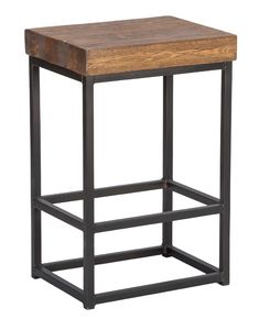 a wooden and metal side table with a square top on an isolated white background,