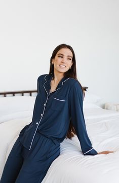 These breathable and stretchy pajamas are the perfect go-to on chilly nights when you just want to snuggle. Top has notched collar; long sleeves 95% viscose, 5% spandex Machine wash, tumble dry Imported Cozy Long Sleeve Sleep Sets, Cozy Long Sleeve Loungewear Sets, Cozy Long Sleeve Lounging Sets, Blue Long Sleeve Sets For Relaxation, Long Sleeve Lounging Sets For Fall, Long Sleeve Bedtime Sets For Fall, Fall Bedtime Sets With Long Sleeves, Long Sleeve Relaxed Fit Sleepwear, Relaxed Fit Long Sleeve Sleepwear