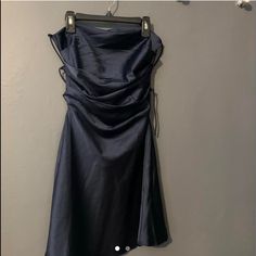 Fancy Navy Blue Dress, Never Worn, Very Short, Strapless, Strappy In Back Blue Strapless Dress With Ruched Bodice For Evening, Elegant Fitted Blue Strapless Dress, Blue Strapless Dress With Ruched Bodice For Cocktail, Chic Blue Strapless Evening Dress, Blue Ruched Strapless Dress For Night Out, Strapless Blue Mini Evening Dress, Elegant Blue Ruched Mini Dress, Blue Satin Strapless Evening Dress, Elegant Blue Mini Dress With Ruched Bodice