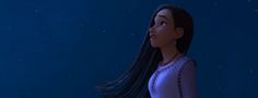 an animated woman with long black hair looking up at the stars in the night sky