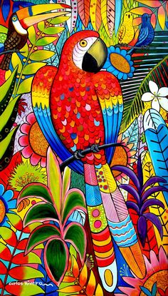 an abstract painting of a parrot surrounded by tropical plants and flowers in red, yellow, blue, green, orange