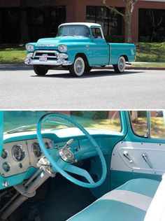 an old blue truck is parked in front of a building and another photo shows the inside of it