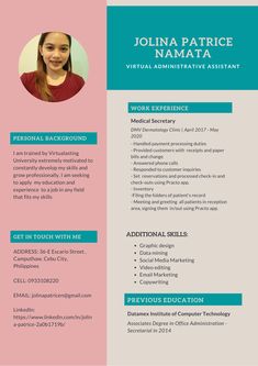 a pink and blue resume template with an image of a woman's face on it