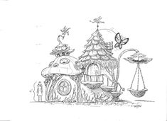 a black and white drawing of a fairy house