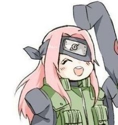 an anime character with pink hair wearing a green vest and holding a large metal object