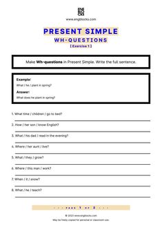 a question sheet with the words present simple and an image of what questions are in it