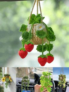 the hanging baskets are made out of strawberries and other things that have been placed on them