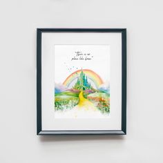 a watercolor painting of a castle with a rainbow in the background that says, there is no place like home