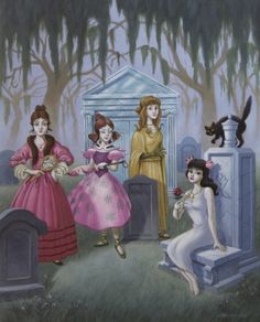 a painting of three women dressed in victorian clothing sitting on tombstones and one woman holding a rose