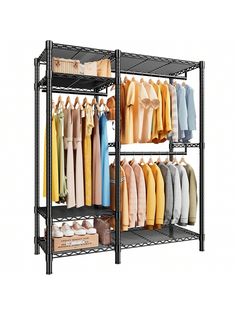 a rack with clothes and shoes on it