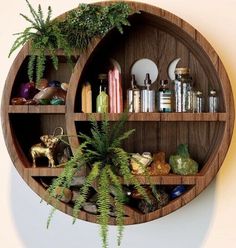 a wooden shelf filled with lots of plants and knick knacks on top of it