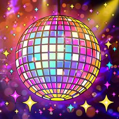 a disco ball hanging from a string with stars around it on a purple background that is lit up