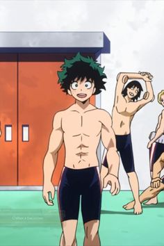 an anime character with no shirt on standing in front of two other characters wearing swim trunks