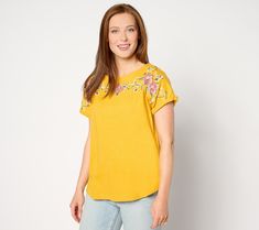 Freshen up your solid separates with this delightful dolman sleeve top. Embroidery around the neckline adds a fabulous face-framing feature that instantly elevates any casual outfit. From Denim & Co.® Fashions. Trendy Tops With Floral Embroidery For Fall, Trendy Floral Embroidered Top For Fall, Trendy Embroidered Tops For Day Out, Cotton Tops With Embroidered Neckline For Fall, Casual Cotton Tops With Embroidered Neckline, Spring Embroidered Neckline Crew Neck Top, Cotton Top With Embroidered Neckline For Fall, Casual Cotton Top With Embroidered Neckline, Spring Crew Neck Top With Embroidered Neckline