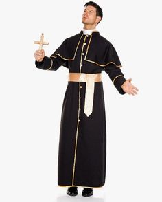 a man in a priest's outfit holding a cross and pointing to the side