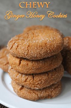 ginger honey cookies stacked on top of each other in front of the camera text reads chewy ginger honey cookies