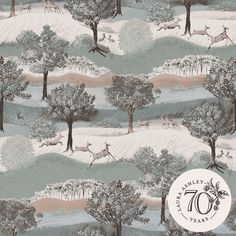 a wallpaper with trees and deers on it