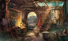 a painting of an old fashioned room with lots of clutter and things in it