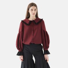 This blouse gives a sophisticated feel with a dot pattern in a luxurious wine color. Create a lovely mood by giving points with a sailor collar and frill sleeve details. It is convenient to wear with the front button and has a big collar frill It is good to wear on days when you want to give points No Stretch / Thin Thickness / No Sheer / No Lining ▶Composition Outshell (polyester 100%) ▶Care Only dry cleaning. ▶Share https://www.instagram.com/lbyl_official_/ https://youtube.com/channel/UCnIbqaz Big Collar Blouse, Black Tiered Skirt, Big Collar, Sailor Collar, Frill Sleeves, Wine Color, Tier Skirt, Collar Blouse, Dots Pattern