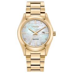 This gold-tone stainless steel ladies’ watch is powered by Eco-Drive technology, meaning you will never need to change the battery. With its contemporary style, sapphire crystal for reliable and accurate timekeeping, and water resistant to 1oo meters, this Citizen watch is sure to become a favorite accessory for years to come. Featuring luminous white hands and diamond hour markers in a 33MM gold-tone case, this watch looks great in both casual and dress attire. Citizen has pioneered watchmaking Diamond Watches Women, Eco Drive Watches, Feminine Elegance, Style Sportif, Citizen Watch, Citizen Eco, Luxury Diamonds, Luxury Timepieces, Eco Drive