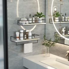 a bathroom with two sinks and shelves filled with personal care items