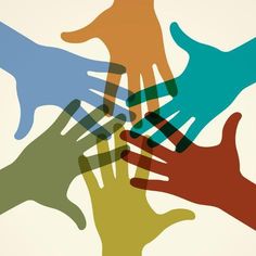 several different colored hands reaching towards each other