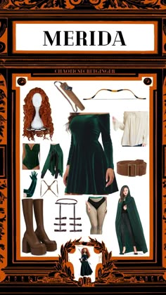 Merida DIY Costume, curly red wig, green dress, bow, quiver, off white undershirt, brown belt, green cape, green bodice, green skirt, green gloves, brown garters, brown backstrap, brown boots Meredith Brave Costume, Modern Merida Outfit, Brave Costume Women, Merida Brave Cosplay, Disney Diy Costumes Women