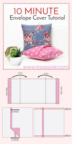 an envelope pillow with pink polka dots on it and the instructions for how to sew