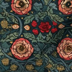 an ornate floral design with red flowers and green leaves on a dark blue background is featured in this image