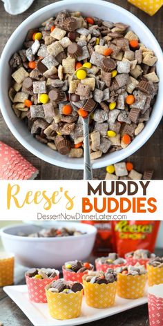 reese's muddy buddies dessert no - bake treats are ready to be eaten