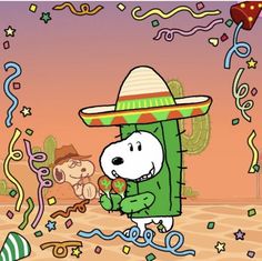 a cartoon dog wearing a sombrero and confetti in front of a party