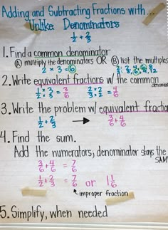 a piece of paper with writing on it that says adding and subtracting fractions with multiple denomints